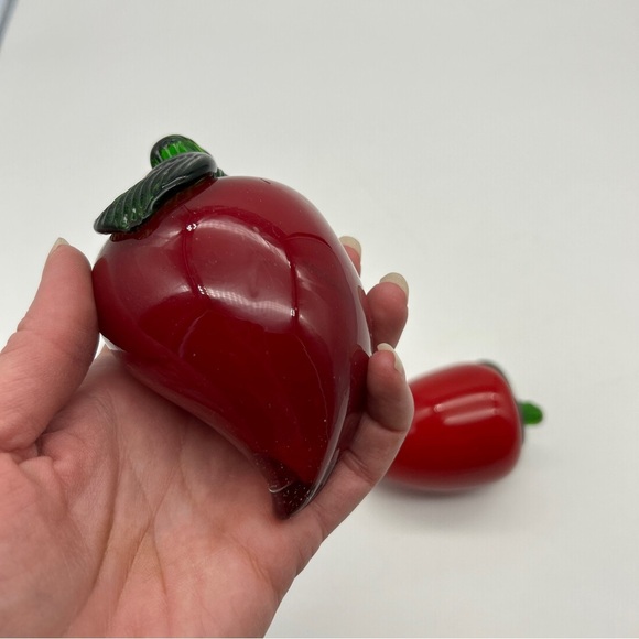 Set Of 2 Red Peppers Vintage Murano Style Art Glass Hand Blown Vegetable Fruit - Picture 10 of 13